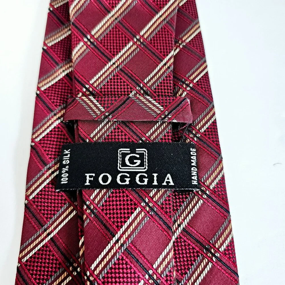 Foggia Handmade Burgundy & Red‎ Plaid Silk Tie~T178.3